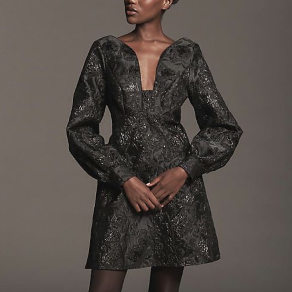 Anthropologie Maeve Black Jacquard Babydoll Mini Dress Size 8 NWT